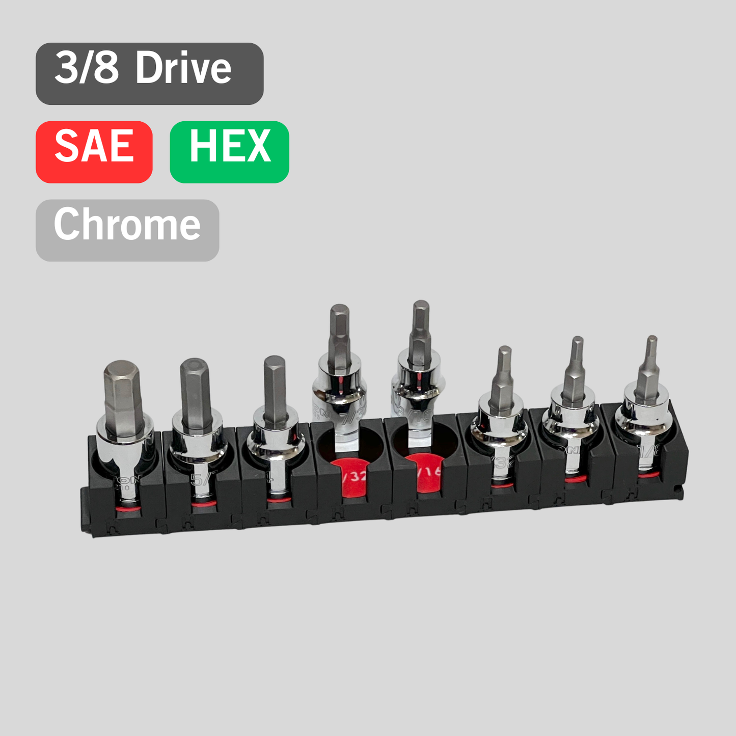 3/8 Inch Drive Standard (SAE) Modular Hex Bit Socket Organizer 8pc