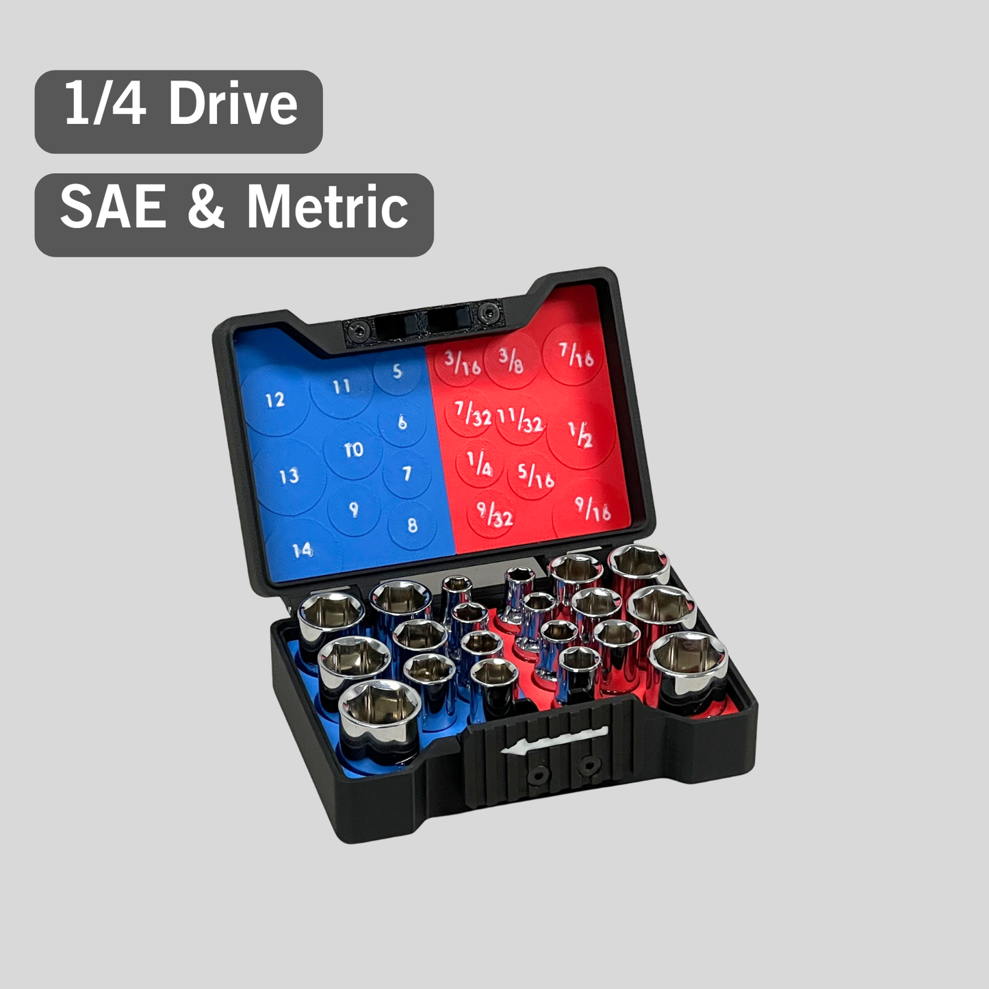 Set of 1/4 drive SAE and Metric sockets in a black compact case on a gray background